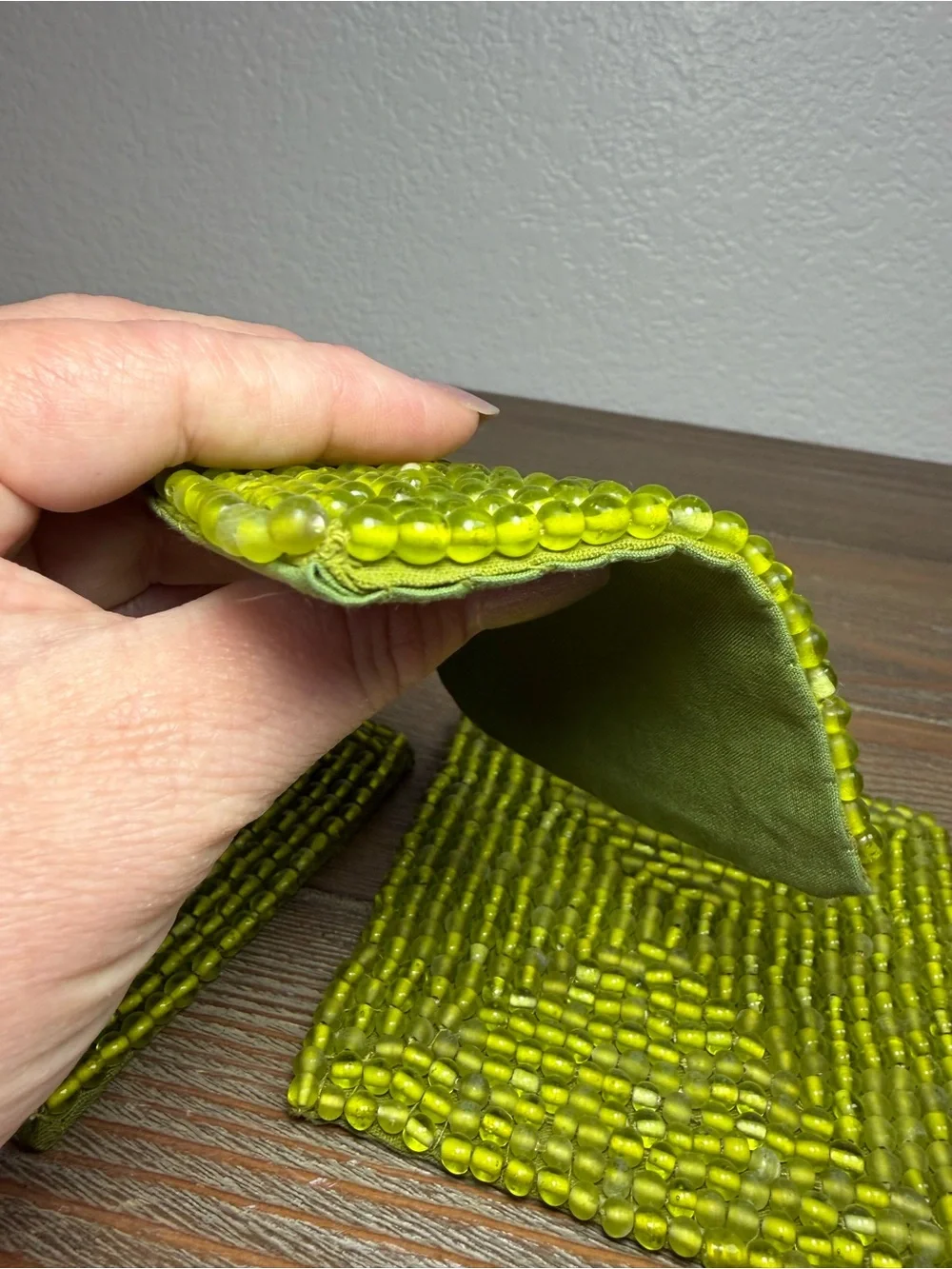 NWT Pottery Barn Green Glass Beaded Coasters Set of Four 4” Square Made in India